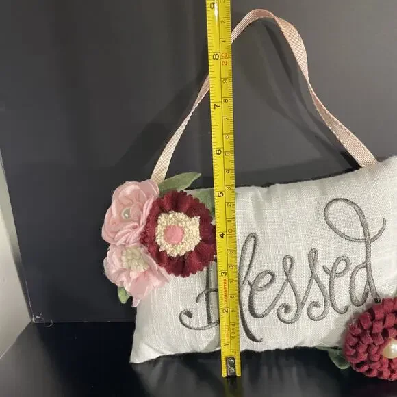 BLESSED Pillow Door Hanger 7”x 5” White Linen Pink and Burgundy Felt Flowers - Picture 8 of 9